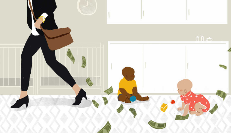 Cartoon of woman dropping money around babies