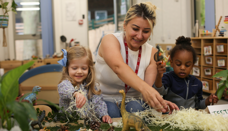 staff and children playing with some natural resources during a provocation